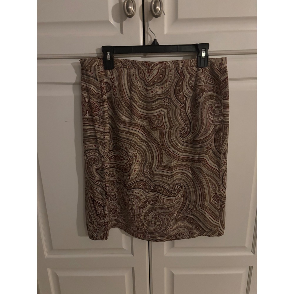 Talbots Petites Silk Paisley Pencil Skirt Tan Burgundy Black Size 14